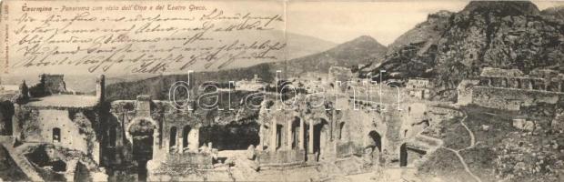 Taormina,  Panorama con vista dell' Etna e del Teatro Greco / panoramacard (EK)