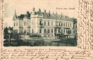 1899 Eszék, Osijek, Esseg; Kapucinska ulica / Kapuzinergasse / utcakép, lóvasút. Ottokar Rechnitzer kiadása / street view, horse-drawn tram (EK)
