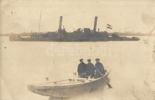 1916-17 A háborúban felfegyverzett Sámson aknaszedő gőzös, matrózok csónakban / K.u.K. Kriegsmarine, SMS Samson armed minesweeper ship, mariners in a boat. photo (apró lyukak / tiny pinholes)