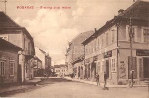 Fogaras, Fagaras; Sterzing utca, gyógyszertár, üzletek / street view with shops and pharmacy