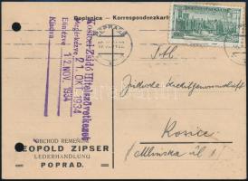 1934 Zipser Lipót poprádi bőrkereskedő levelezőlapja a kassai Zsidó Hitelszövetkezethez, rajta annak érkeztetési pecsétjével