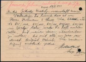 1934 Zipser Lipót poprádi bőrkereskedő levelezőlapja a kassai Zsidó Hitelszövetkezethez, rajta annak...