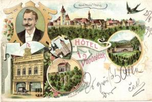 1899 Nové Mesto nad Metují, Neustadt an der Mettau; Hotel Vondracek, Lazne Rezek / hotel and spa advertisement. Böhms Art Nouveau, floral, litho (cut)