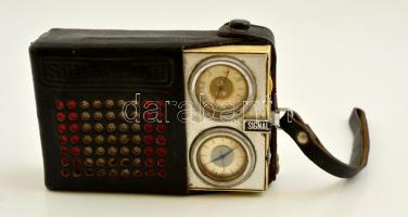 Signal-601 régi szovjet rádió, bőr tokjában, h:14 cm