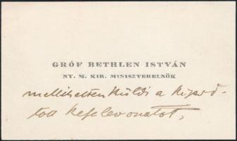 gróf Bethlen István (1874-1946) miniszterelnök saját kezű sorai saját névjegyén