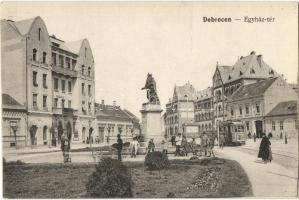 Debrecen, Egyház tér, villamos, Uránia Mozgó, Református főgimnázium, Csokonai szobor