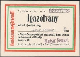 cca 1945 Magyar Nemzet előfizetői igazolvány