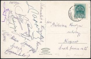 1940 A Kispest labdarúgó csapat tagjainak aláírása képeslapon Lugosi, Hidasi, Német, Szabó Géza, Zalay, Wecsey, Odry Lajos / Autograph signed postcard of Hungarian football team,