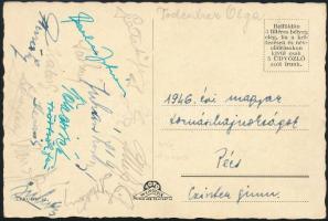 1946 Magyar tornászbajnokok által aláírt képeslap, közötte Pataki Ferenc, Sárkány István