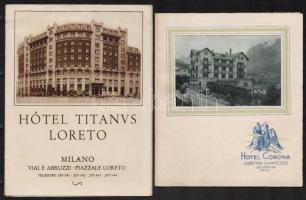 cca 1930 2 db hotel reklám nyomtatvány: Hotel Corona Cortina DAmpezzo, Hotel Titanus Loreto Milano