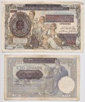 Szerbia / Német megszállás 1941. 100D + 1000D mindkettő jugoszláv bankjegyre nyomva T:III,III- Serbia / German occupation 1941. 100 Dinara + 1000 Dinara both printed on Yugoslavian banknotes C:F,VG