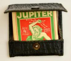 Jupiter gyufa, bőr gyufatartóval, hiánytalan, jó állapotban, 5,5x6,5 cm