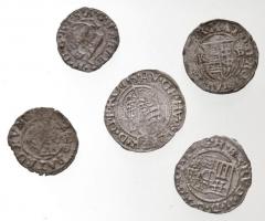 5db-os vegyes magyar denár tétel, közte "I. Ferdinánd", "Rudolf", "II. Máty...