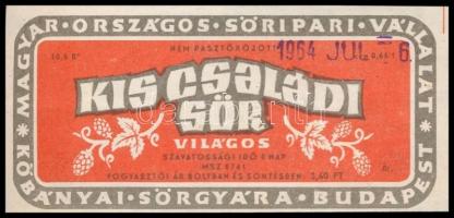 1964 Kis családi sör, Magyar Országos Söripari Vállalat Kőbányai Sörgyára sörcímke, 5x10,5 cm