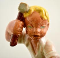 Komlós csónaképítő fiúcska, kézzel festett mázas kerámia, jelzett, apró máz lepattanással, m:19 cm, ...