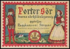 cca 1950 Porter sör Nagykanizsai Sörgyár sörcimke, 7,5x10,5 cm