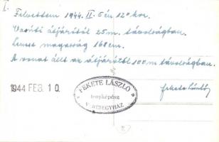 1944 Veresegyház, vasútállomás vonattal. Fekete László fényképész írása és pecsétje, photo