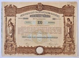Budapest 1906. Pesti Hazai Első Takarékpénztár-Egyesület nyereménykötvénye 100K-ról, szárazpecséttel, nyereményszelvénnyel T:III