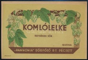 cca 1940 Pannónia Sörfőző Rt. Komlólelke egységes sör sörcímke, Athenaeum, 8x11,5 cm
