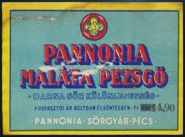 Pannónia maláta pezsgő sörcímke, Pannónia Sörgyár Pécs, 7,5x10,5 cm cm