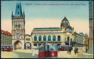 1915 Praha Prag; Prasná brána a representacni dum král. hlav. mesta Prahy / street view with trams, litho + K. und k. Barakenspital in Dejvic