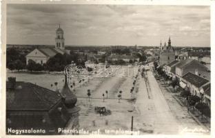 Nagyszalonta, Salonta; Piac tér, református templom, üzletek / market square, church, shops