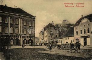 Segesvár, Schässburg, Sighisoara; Bajor utca, szekerek / Baiergasse / street view, shops (EK)