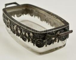 Alpakka borítású kínáló, karcos üveggel, jelzés nélkül, 21×8 cm