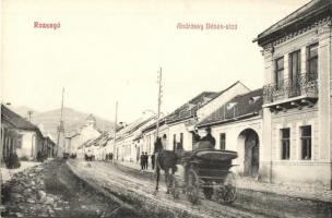 Rozsnyó, Roznava; Andrássy Dénes utca, hintó, Lenkey Ferenc üzlete / street view with cart, shop