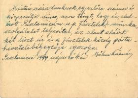 1944 III/1. KMSZ (közérdekű munkaszolgálatos) zsidó Böhm Kálmán levele a Pusztamizsei munaktáborból ...