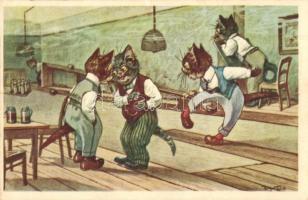 Cats playing bowling in a pub. B.K.W.I. 323-2. s: Arthur Thiele