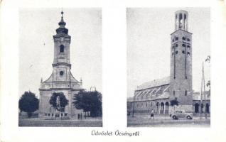 3 db RÉGI magyar templomos városképes lap; Búcsúszentlászló, Őcsény, Hejőkeresztúr / 3 pre-1945 Hung...