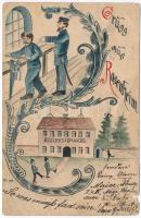 ~1900 Gruss aus Rosenheim, Bezirkskommando / German military art postcard. Hand-painted Art Nouveau (b)