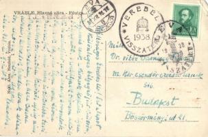 Verebély, Vráble; Fő utca, Max Roth üzlete / Hlavná ulica / main street, shops, "1938 Verebély ...