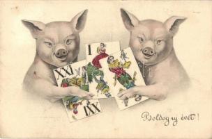 Boldog Újévet! / New Year greeting card, pigs with cards. H. H. i. W. Nr. 1249-1. (EK)