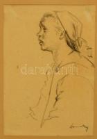 Domanovszky Endre (1907-1974):Női fej. Szén, papír, jelzett, üvegezett keretben, 27×19 cm