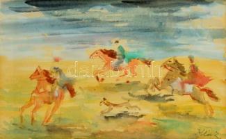 Klie Zoltán (1897 -1992): Lovasok. Akvarell, papír, jelzett, üvegezett keretben, 22×37 cm