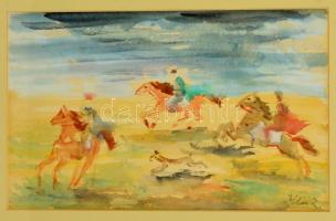 Klie Zoltán (1897 -1992): Lovasok. Akvarell, papír, jelzett, üvegezett keretben, 22×37 cm