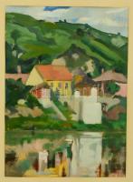 Karátson Edvin (1934-): Folyóparti házak. Tempera, papír, jelzett, üvegezett keretben, 35×25 cm