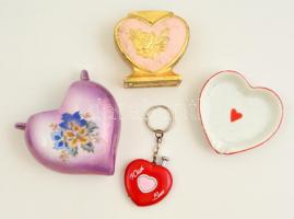 4 db szív alakú tárgy (Drasche porcelán szív, kulcstartó, hamutál, stb.)
