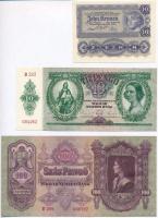 1930. 100P német nyelvű információs lappal + 1936. 10P német nyelvű információs lappal + Ausztria 1922. 10K német nyelvű információs lappal T:I Hungary 1930. 100 Pengő with German language information sheet + 1936. 10 Pengő with German language information sheet + Austria 1922. 10 Kronen with German language information sheet C:UNC