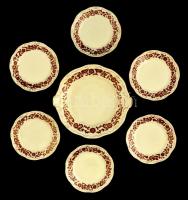 Zsolnay virágmintás porcelán süteményes készlet, 6 db kis + 1 nagy tányér, máz alatti repedésekkel, jelzett, d: 16,5 és 25 cm