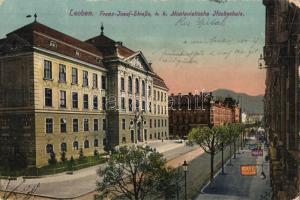 Leoben, Franz Josef Strasse, k.k. Montanietische Hochschule / street view with school (Rb)