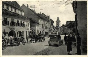 Brassó, Kronstadt, Brasov; utcakép, automobil, Schnell üzlete / street view with shops and automobile