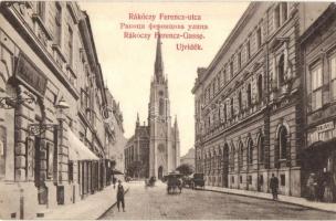 Újvidék, Novi Sad; Rákóczi Ferenc utca, templom, Weinfeld M. és fia üzlete / street view with shop and church (Rb)
