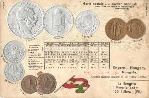 4 db RÉGI numizmatikai motívumlap, magyar és osztrák-magyar érmék, zászlóval. Dombornyomott litho ké...