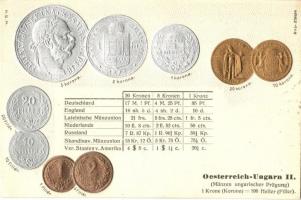 4 db RÉGI numizmatikai motívumlap, magyar és osztrák-magyar érmék, zászlóval. Dombornyomott litho ké...