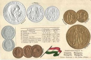 4 db RÉGI numizmatikai motívumlap, magyar és osztrák-magyar érmék, zászlóval. Dombornyomott litho ké...