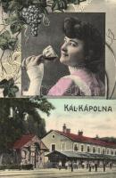 Kál-Kápolna, vasútállomás, bort ivó hölgy, szőlős Art Nouveau keret (EK)
