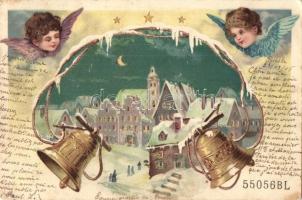 Angels and bells, wintertime. hold to light, numbered litho postcard (EK)